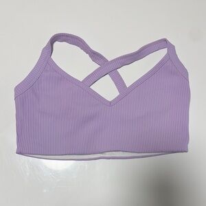 Year of Ours x Bandier purple ribbed sports bra